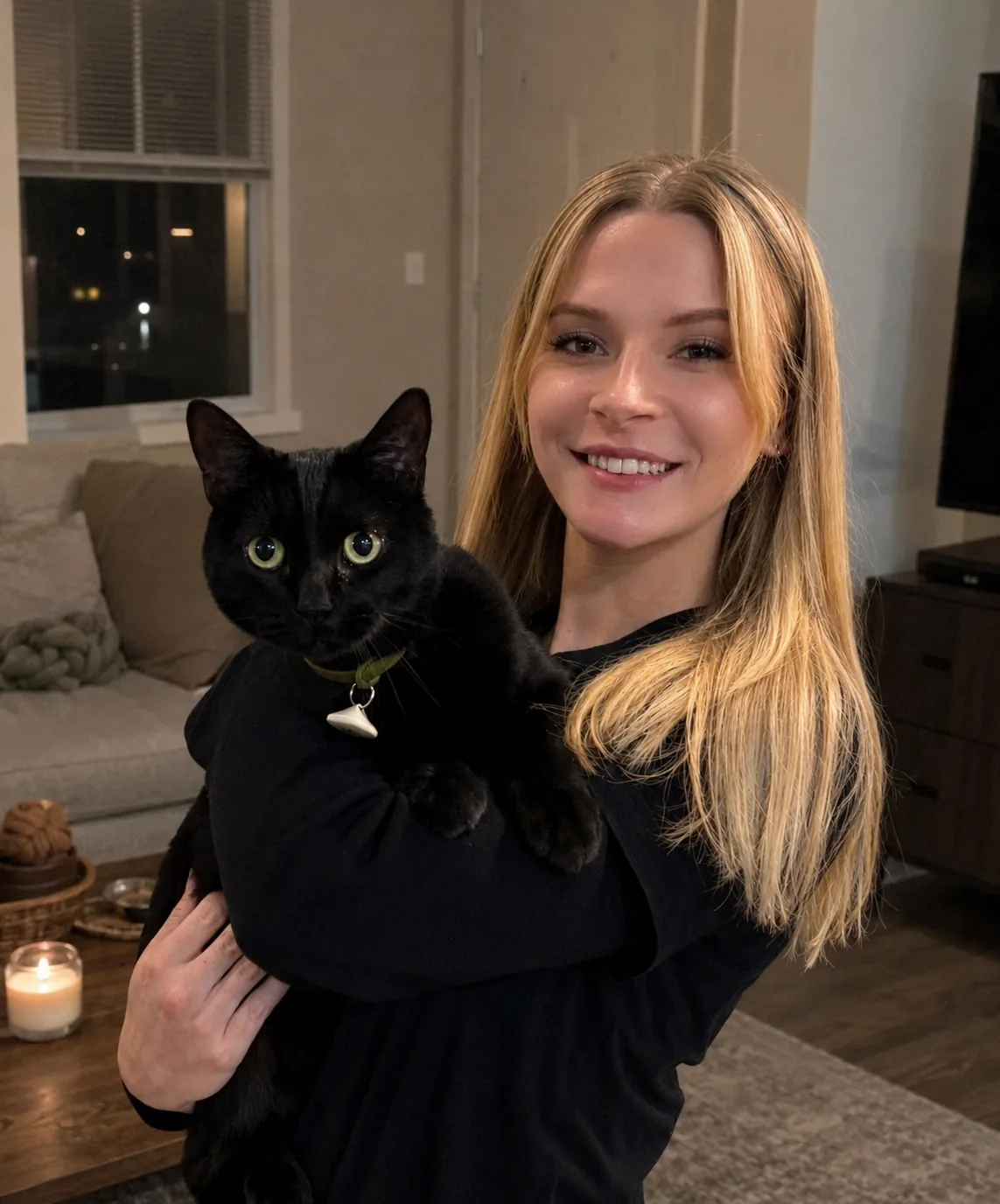 Lexie holding a black cat at home — patient, quiet in-home cat sitting in Denver
