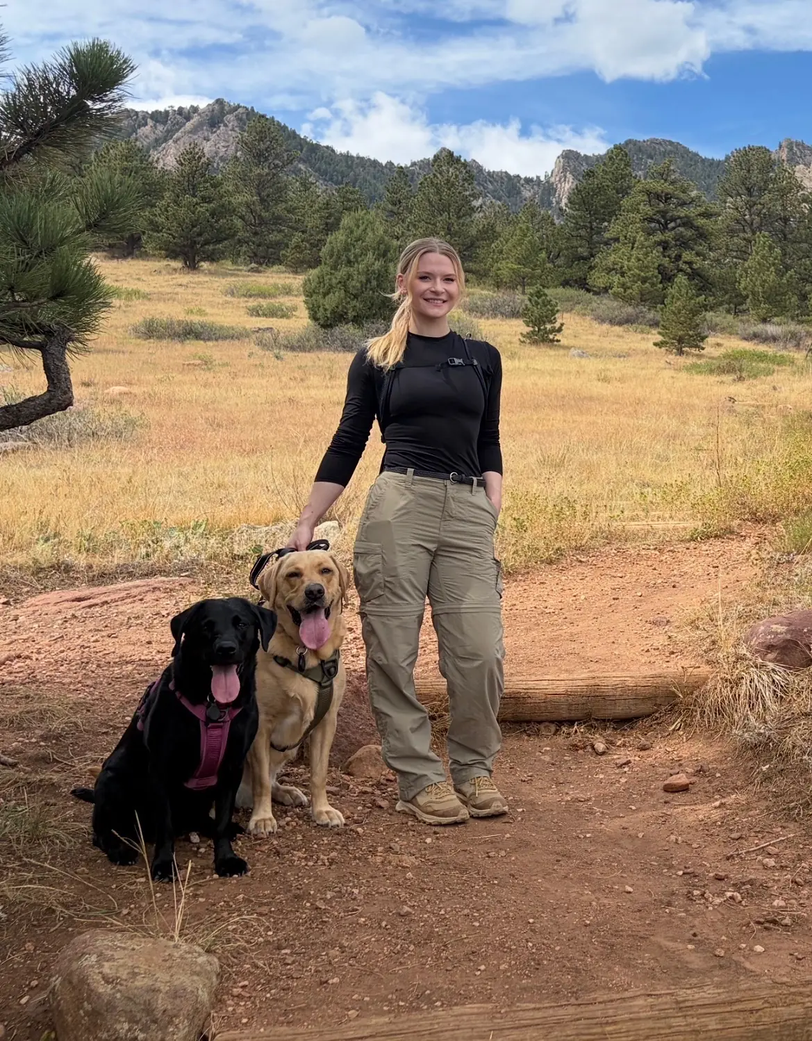 Lexie on a Colorado mountain trail with a black Lab and a yellow Lab — house sitting for big and strong breeds in Denver