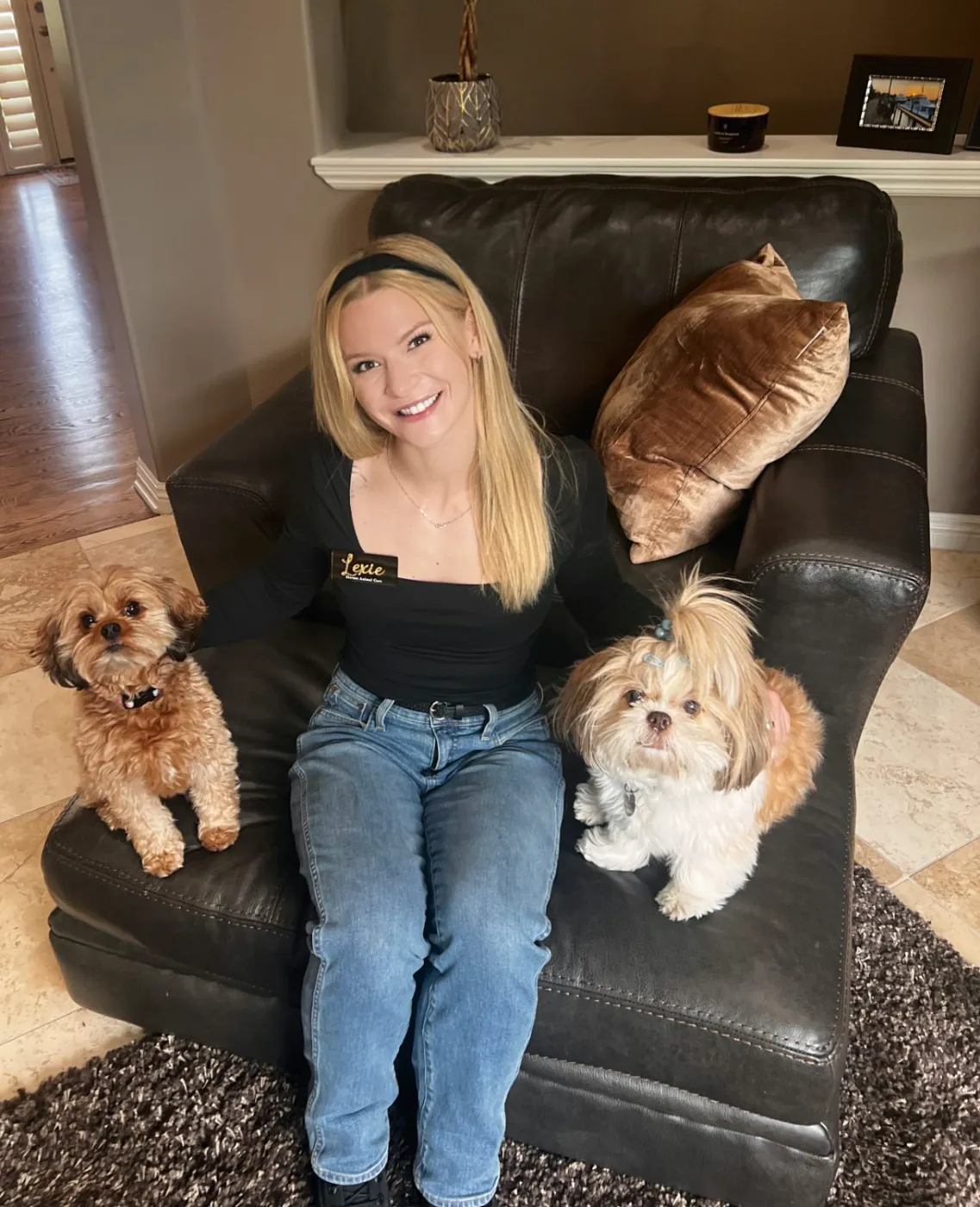 Lexie with two small dogs on a chair — in-home small dog sitting in Denver
